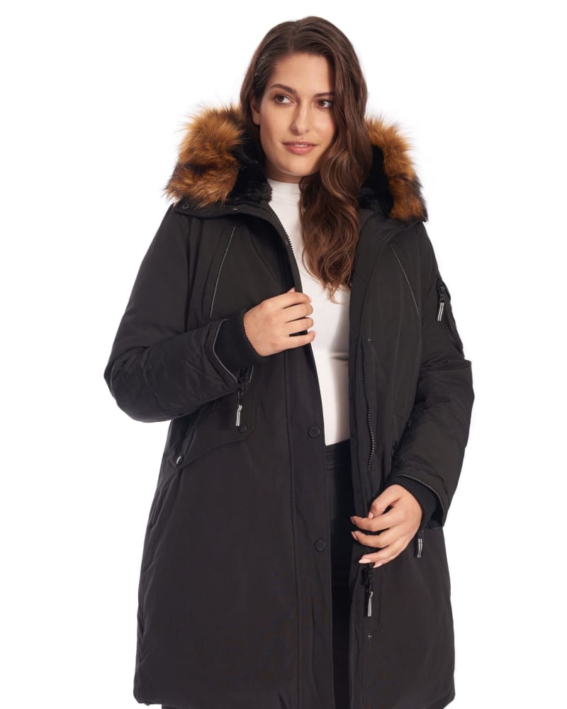 Front of a model wearing a size 4X LAURENTIAN | Vegan Down Recycled Long Parka Winter With Faux Fur Hood in Black by Alpine North. | dia_product_style_image_id:325593